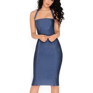 Navy Blue Halter Midi Bandage Bodycon Dress